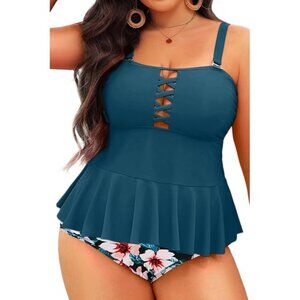 Yonique Plus Size 14W Two-Piece Swimsuit Peplum Top Floral High-Waisted Bikini